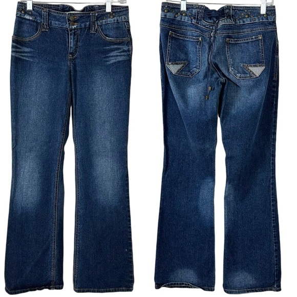 Vintage Y2K 90s Delicious By Mudd Studded Low Rise Flare Jeans Size 9 Lace Up - Picture 1 of 14
